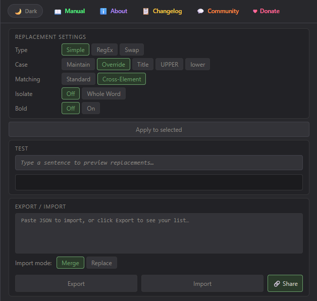 Word Replacer III Settings Panel
